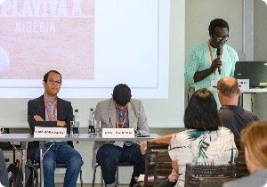 Eze Alloysius von PLAY!YA Nigeria spricht auf einem Panel im Rahmen der Play the Game-Konferenz in Odense im Juli 2022. Copyright: Thomas Søndergard/Play the Game
